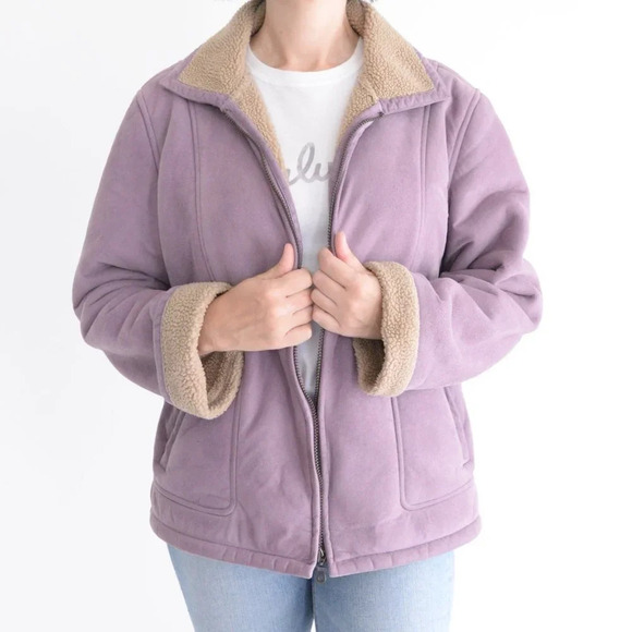 Vintage Cotton Ginny Lilac Faux  Sherpa Jacket Large - Picture 2 of 13